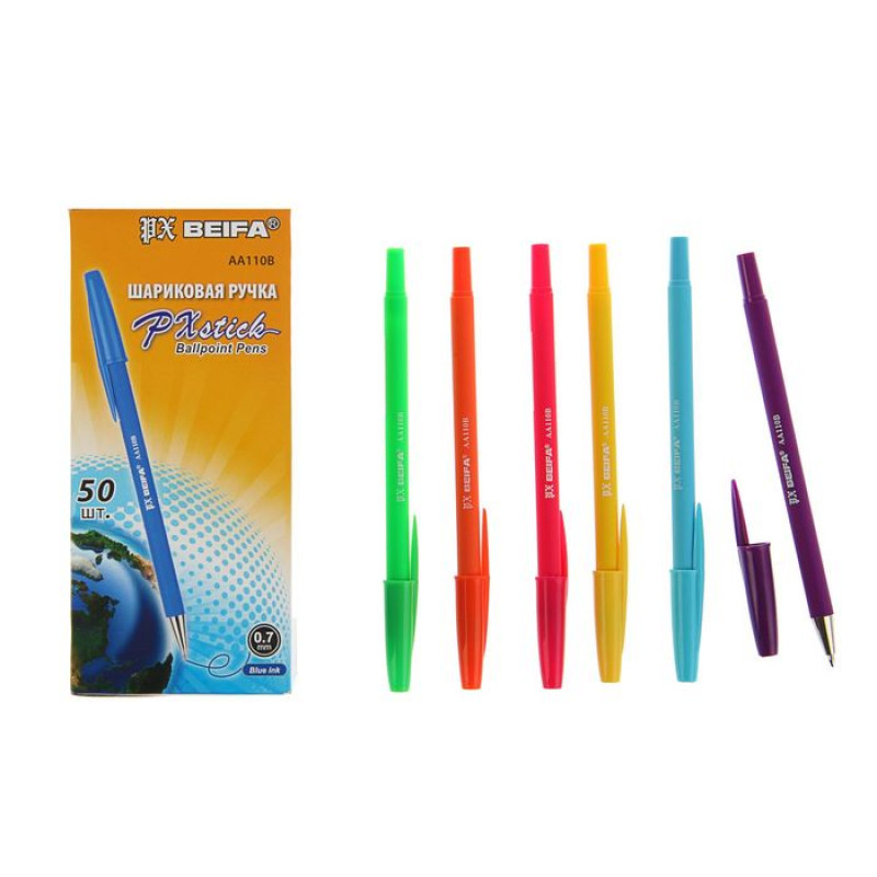 Ручка BEIFA шариков.синяя 0,7мм цвет.корп.АА110В (50шт/уп)